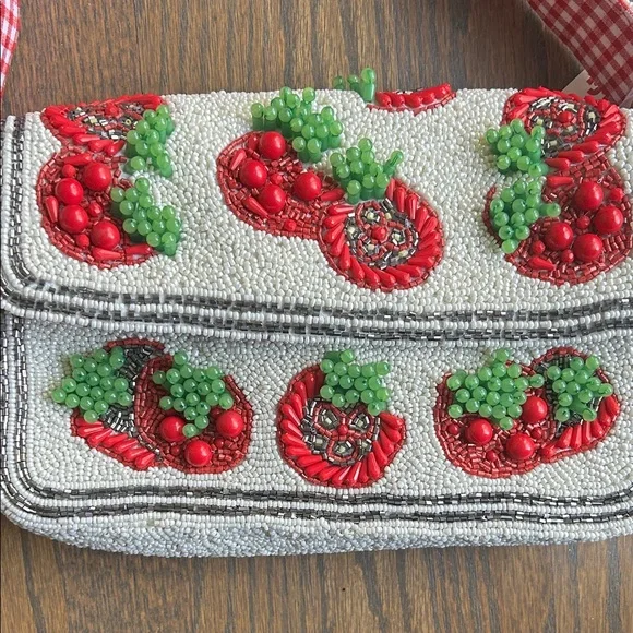 NEW Beaded Tomato Shoulder Bag with gingham fabric Viral TikTok - Picture 4 of 13